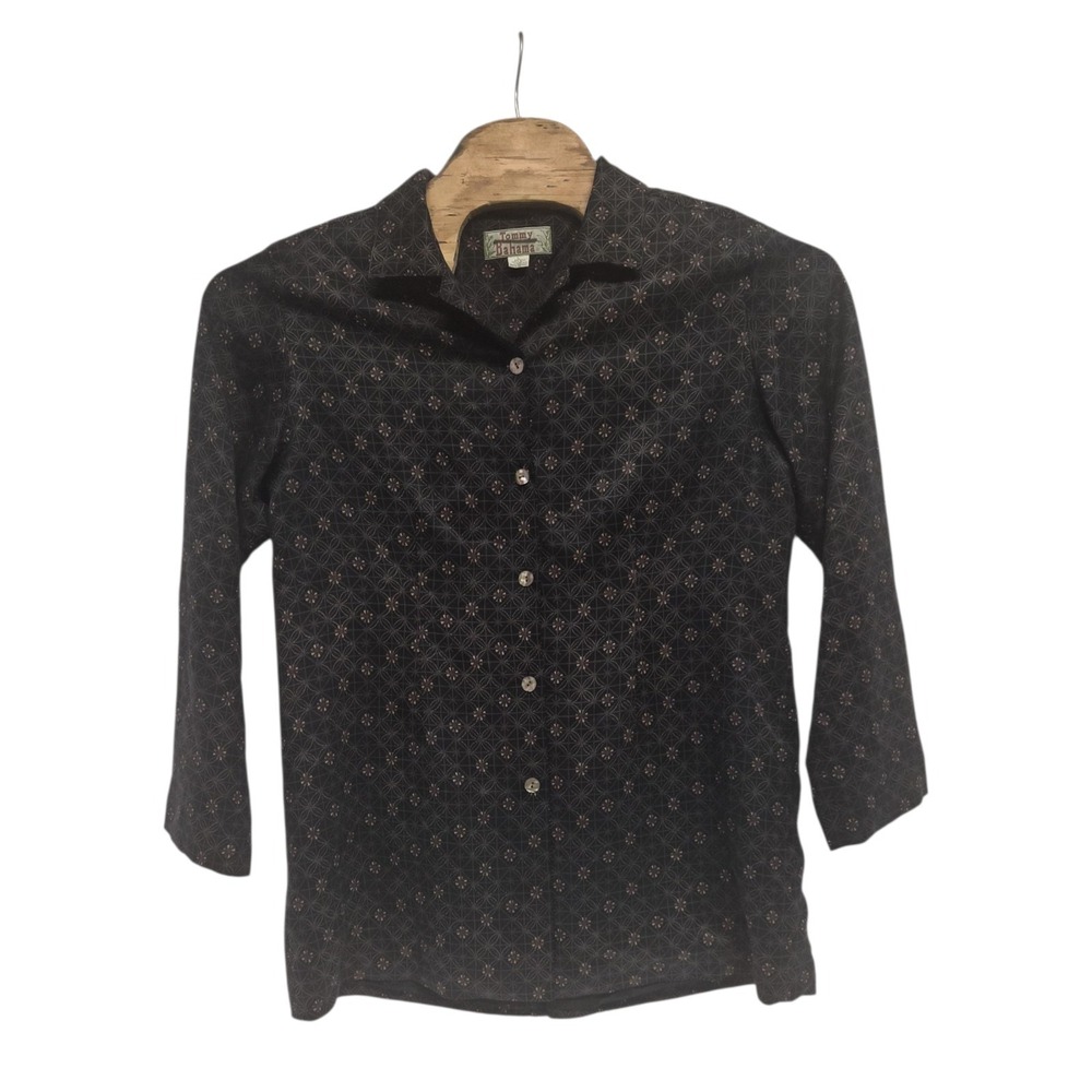 Tommy Bahama Long Sleeve Shirt Geometric Floral Pattern Black Brown Size L Silk - Picture 3 of 6